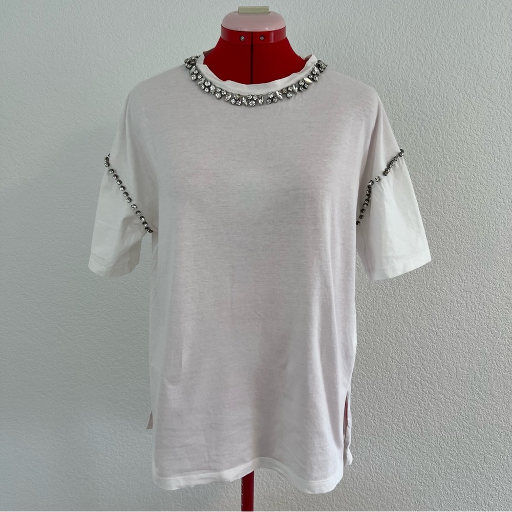 Ermanno Scervino White Short Sleeve T-Shirt with Rhinestone Accents Size Small